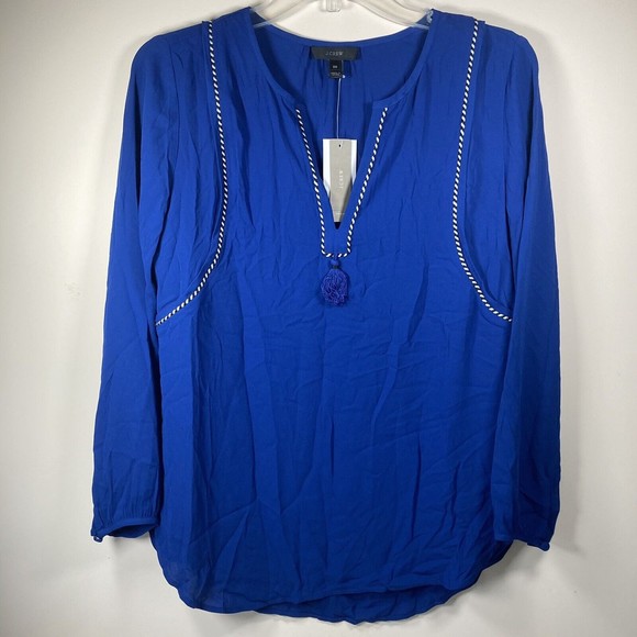 J. Crew Tassel Trimmed Top - Bright Indigo - Size 00 New With Tags $98 - Picture 2 of 5